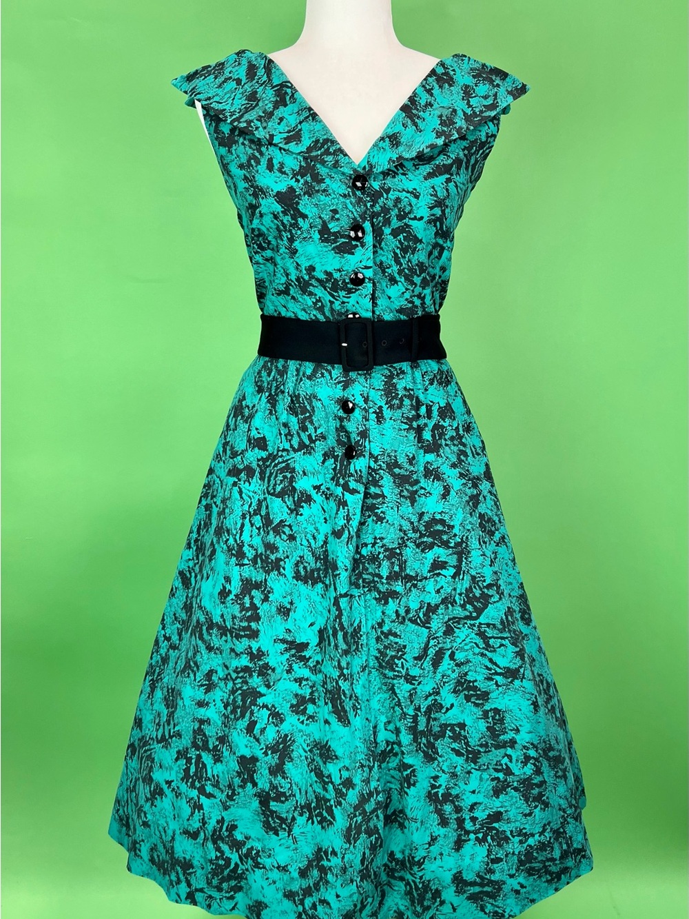 Vintage 50s Green & Black Mottled Sleeveless Fit and Flare Day Dress Size Small